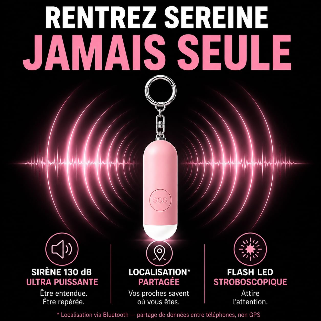 VOLTEK Safe Alarme Personnelle Anti Agression 130 DB Tracker Bluetooth, Compatible Apple FindMy iOS & Android, Alarme de Poche Self Defense, Porte-clés Sécurité, Flash LED, Bouton SOS, USB-C