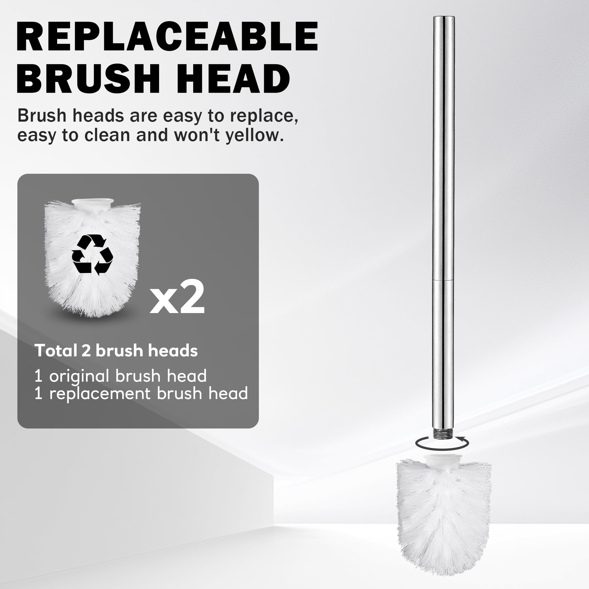 ASKLUND Escobillas de Baño Escobillero WC de Acero Inoxidable con 2 Cabezales,Montaje en Pared/en Suelo, Plata - 4