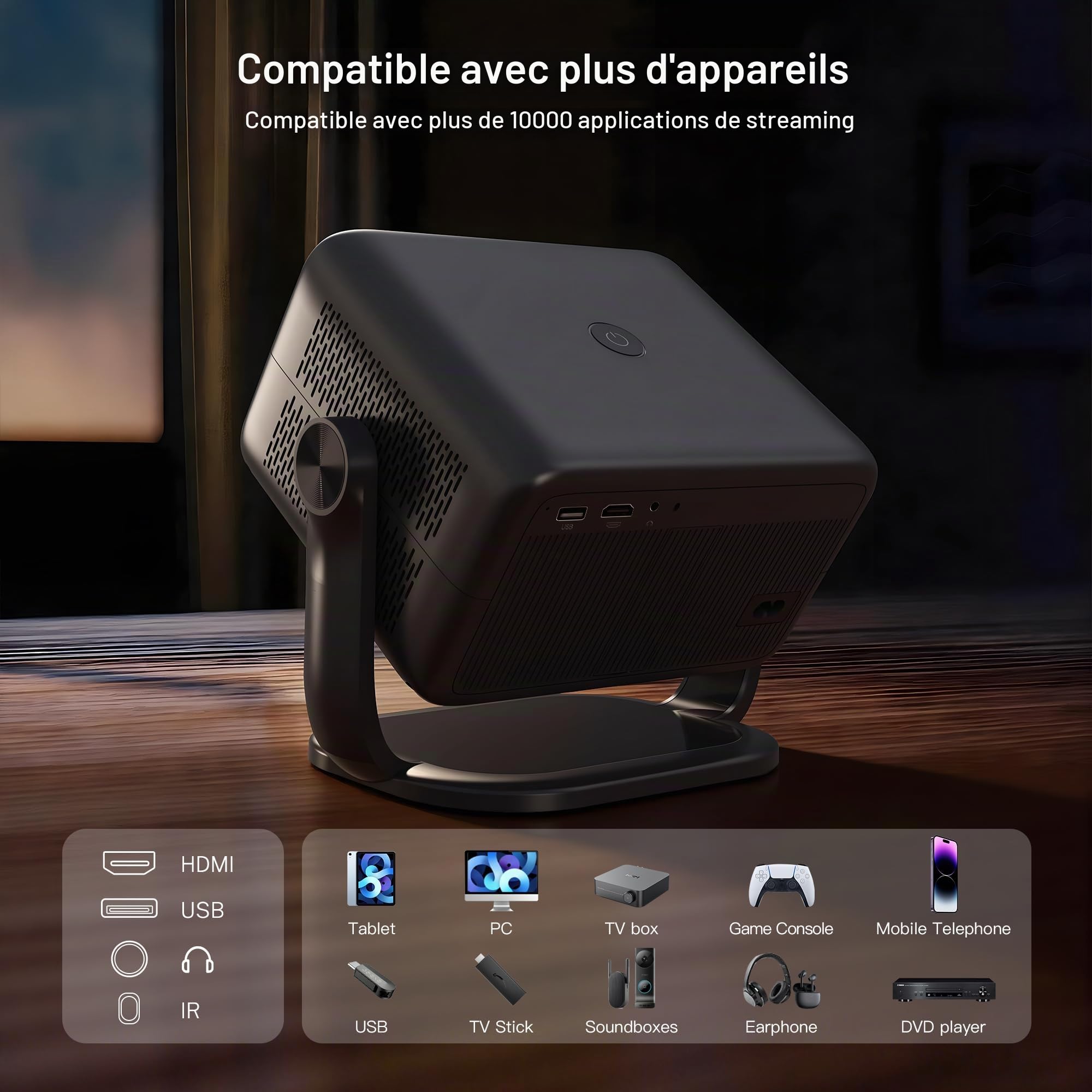 Smart Vidéoprojecteur Compatible 4K, Assistant Vocal IA&Contrôle App, HDR10 | Video Projecteur Android 14 1080P Natif Son Surround Rétroprojecteur, Autofocus/Keystone Portatif Projecteur Wi-Fi&Bluetooth