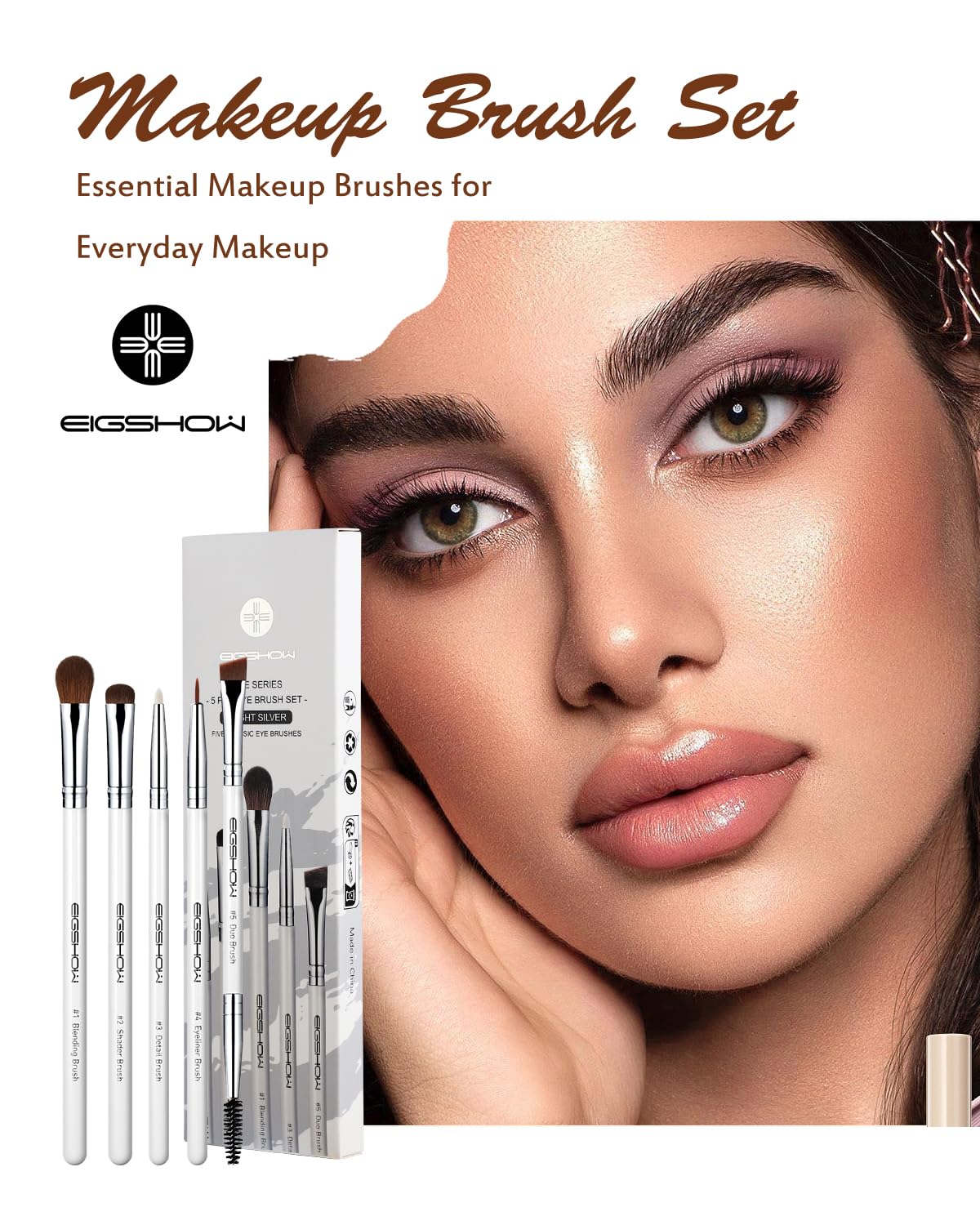 EIGSHOW Set di 5 pennelli per trucco occhi, pennello per eyeliner, pennello per sopracciglia, set di pennelli per ombretto (bianco)