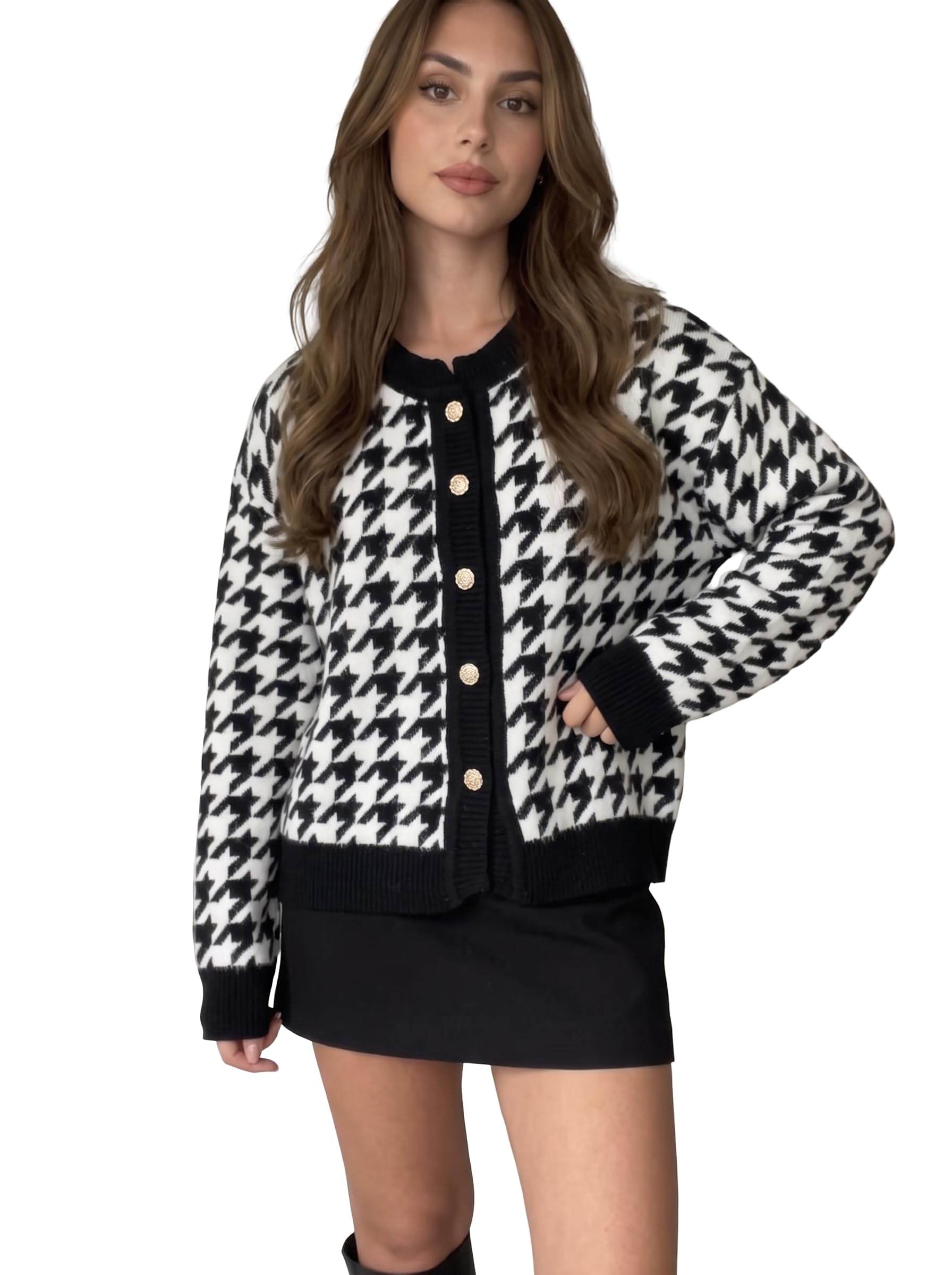 Women's Cardigan Sweater, Knitted Winter Jacket, Houndstooth Button Down Long Sleeve Round Neck Soft Knit Cardigan for Women, Black White Pattern, Casual Office Wear, Warm Layering, Korean Style-image-6