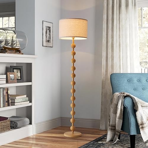 Miniatura 8 de Modern Dimmable Remote Control Floor Lamp for Living Room Bedroom with LED E26 Bulb, Yellow Wood Pattern Iron Tall Standing Lamp Light with Fabric
