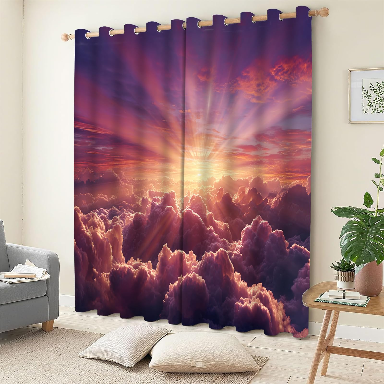 Coucher De Soleil Rideaux Occultant,140x180cm（LxH）,Ciel Et Nuage Rideau,Thermique Isolant Tenture Opaque à Oeillets Draperies Intérieurs pour Maison Chambre Salon Fenetre,2 Panneaux