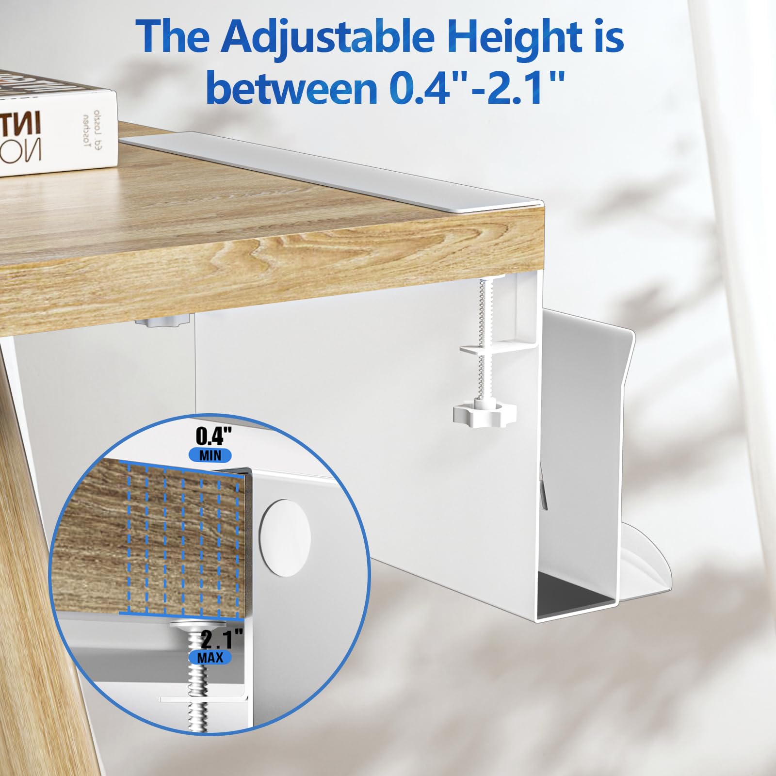 Litwaro Desk Side Storage Organizer, Under Desk Laptop Holder Clamp on Shelf, No Drill Mount With Magnetic Pen Holder, Hanging Organizer Fits Flat Edge 0.4" to 2.1" (White) - Image 3