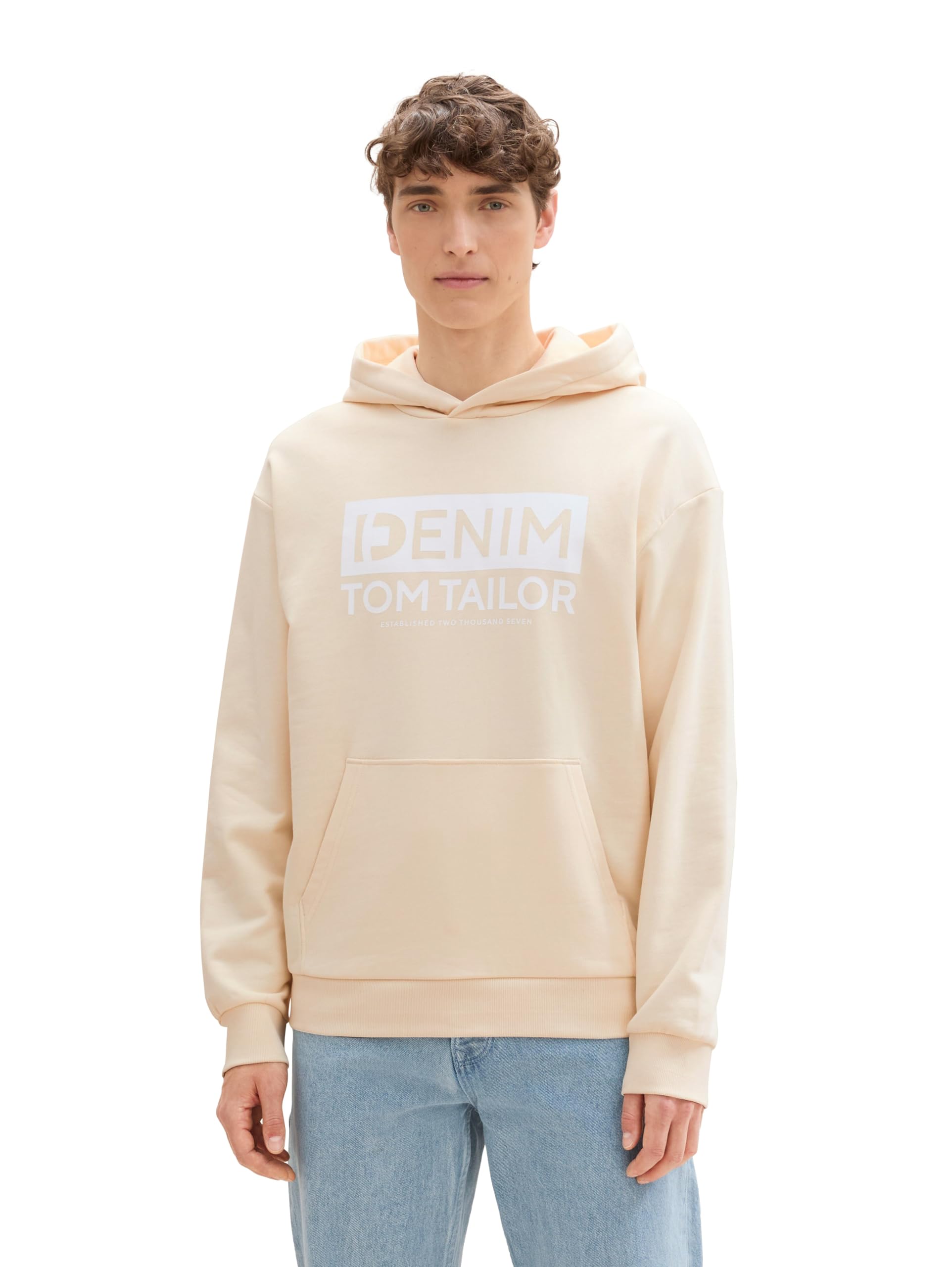 TOM TAILOR Denim Herren Hoodie Sweatshirt mit Logo-Print, 28130 - Soft Buttercream, S