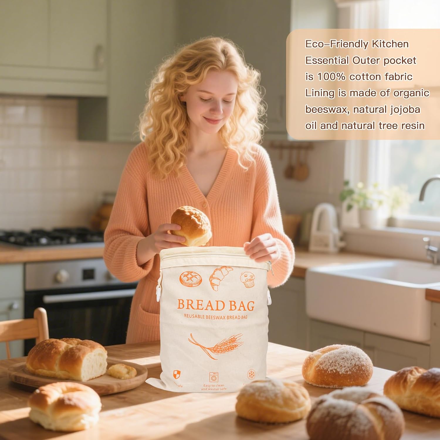 2-Pack Reusable Beeswax Bread Bags for Homemade Bread & Sourdough,Eco-Friendly Bread Storage with Zipper Seal, Freshness Keeping & Freezer Safe, 17"x13" Linen Bags, Bakery Essentials