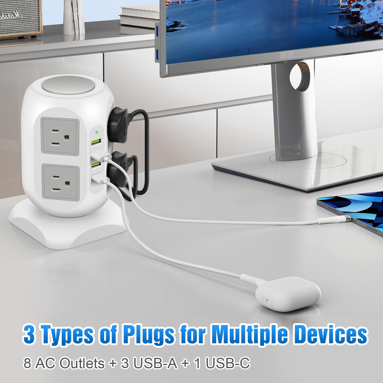 Power Strip Desk Organizer - Plug and Outlet Extension (8 AC Outlets 4 USB Ports) - 20W Fast USB C Charging Station for Electronic Accessories - 15FT Long Flat Cord Power Strip with Surge Protection