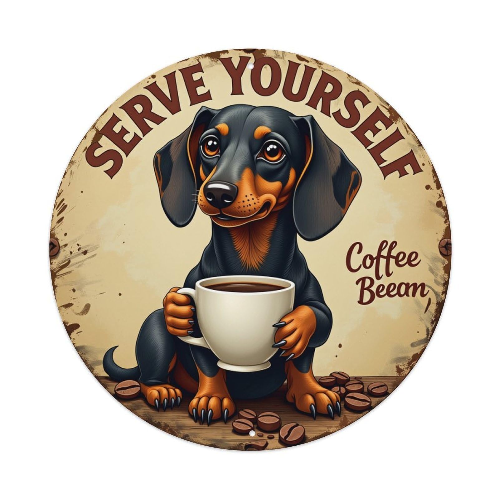 Dachshund Holding Coffee Cup Round Tin Sign Vintage Metal Poster, Home Bar Garage Man Cave Cafe Indoor & Outdoor Wall Decoration 8x8Inches