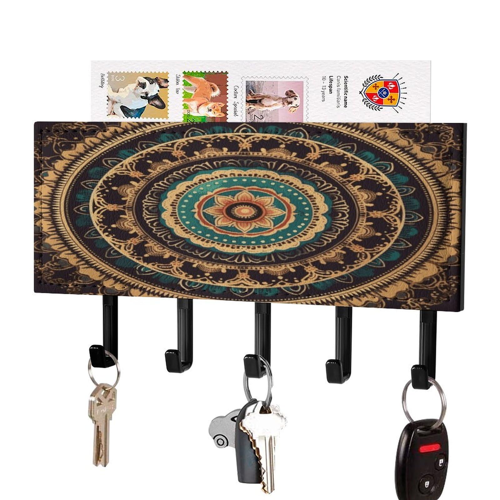 Fekiloot Black-Style Mandala Key Holder Wall Mount Key And Mail Holder Key Hanger With 5 Hooks Decorative Pu Key Rack Hanging Key Hooks For Wall Living Room Kitchen Bathroom Hallway