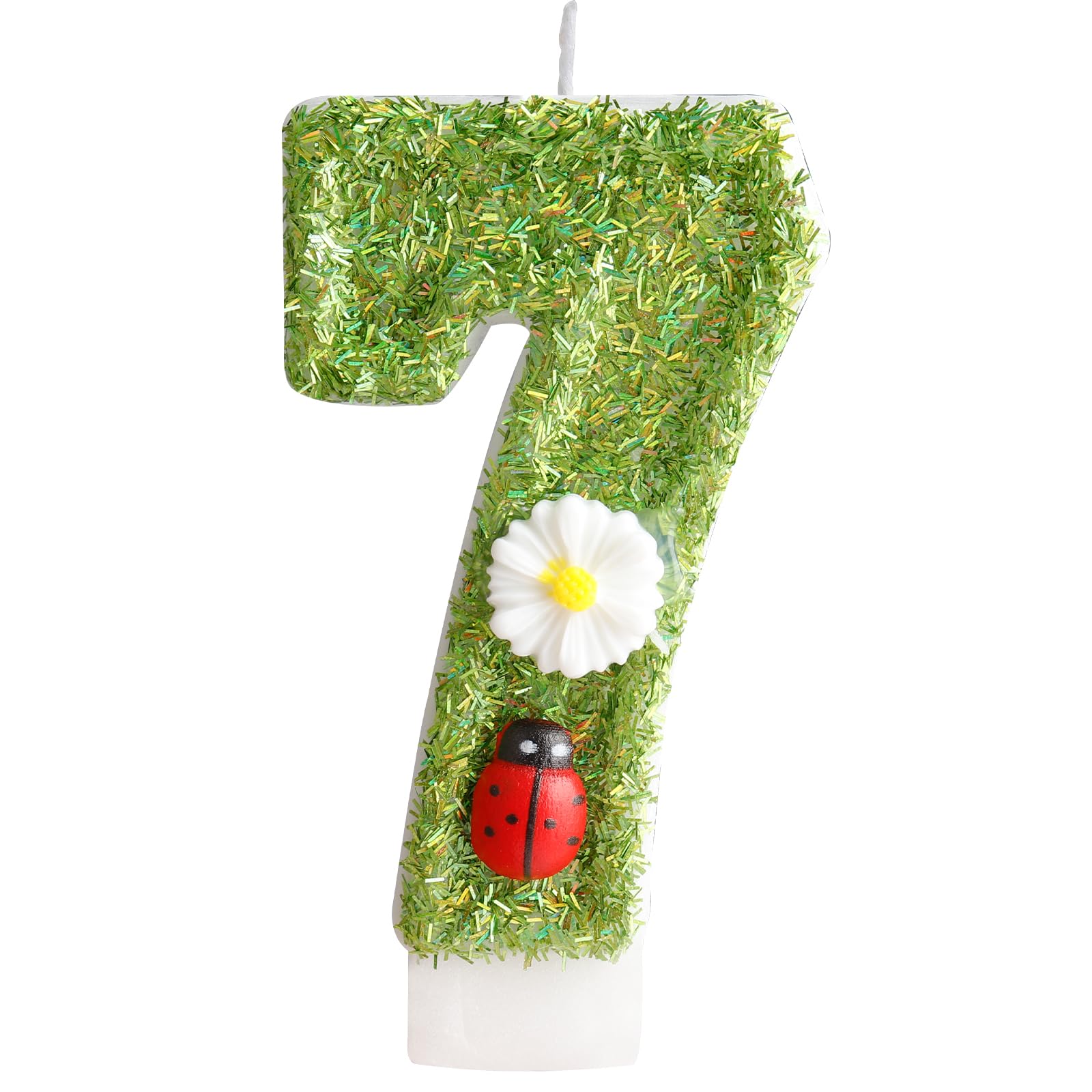 Green Ladybug Number 7 Birthday Candles, White Daisy Flower 7th Birthday Number Candles for Cake Topper Decorations, Birthday Party Wedding