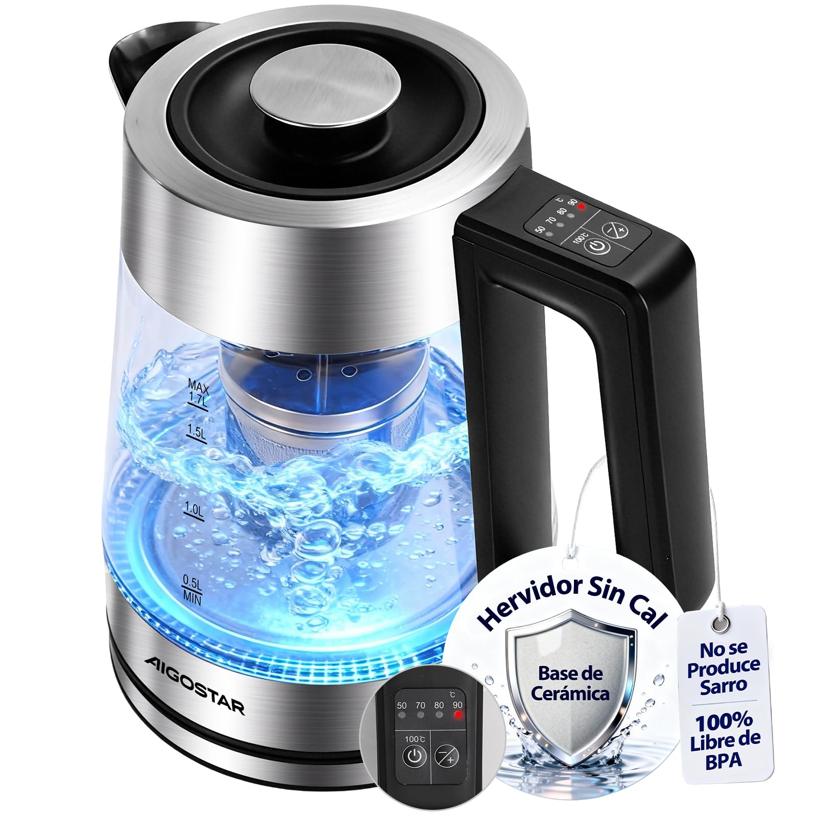 Aigostar Hervidor Agua Electrico con Regulador de Temperatura, Libre de BPA | Revestimiento Cerámico Anti-Sarro, 1,7L, 2200W, Tetera Electrica Acero Inox & Cristal, Función Mantener Calor, Apagado Auto