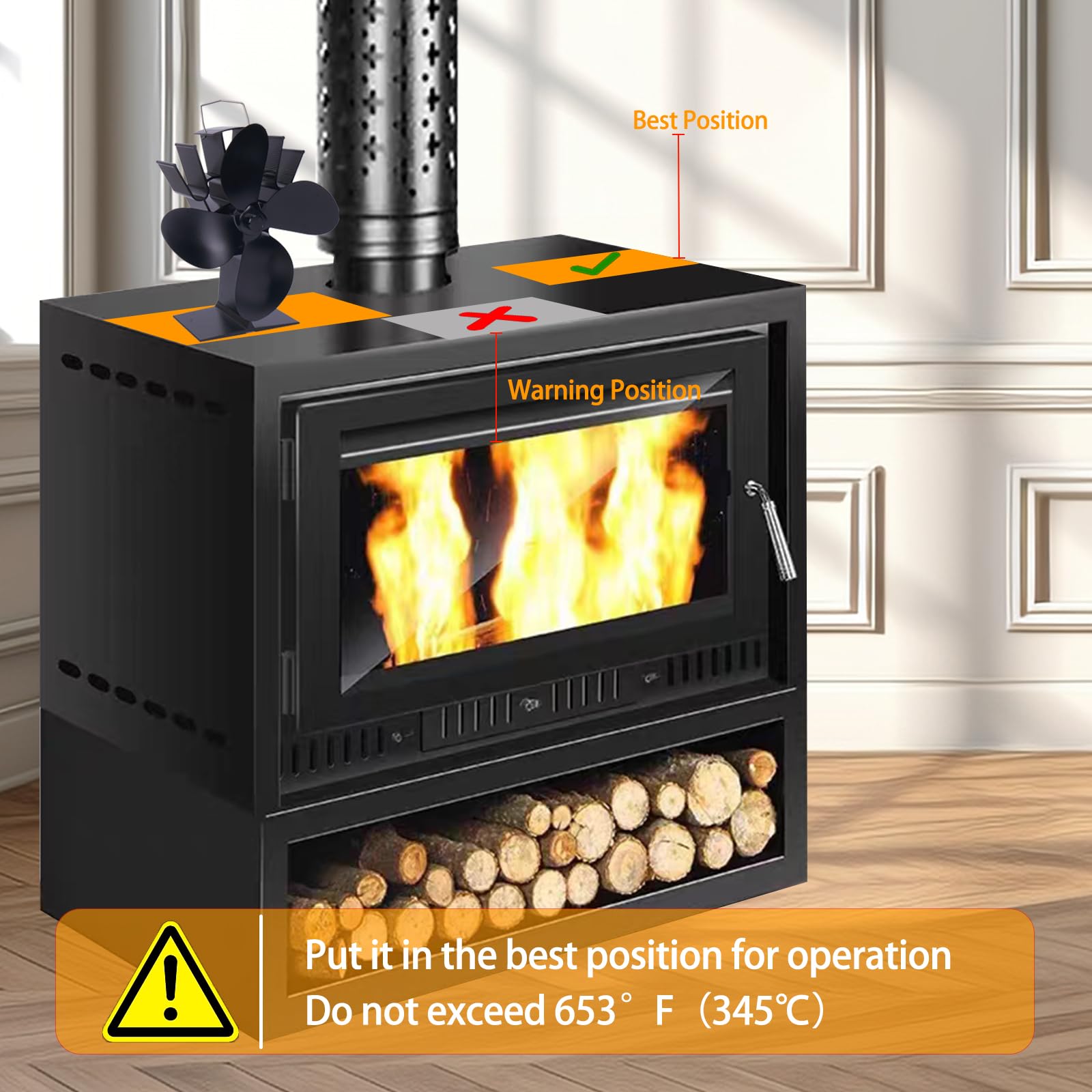 Ventilador de Estufa de Leña de 4 Cuchillas Con Termómetro - Quemador de Chimenea Alimentado Por Calor