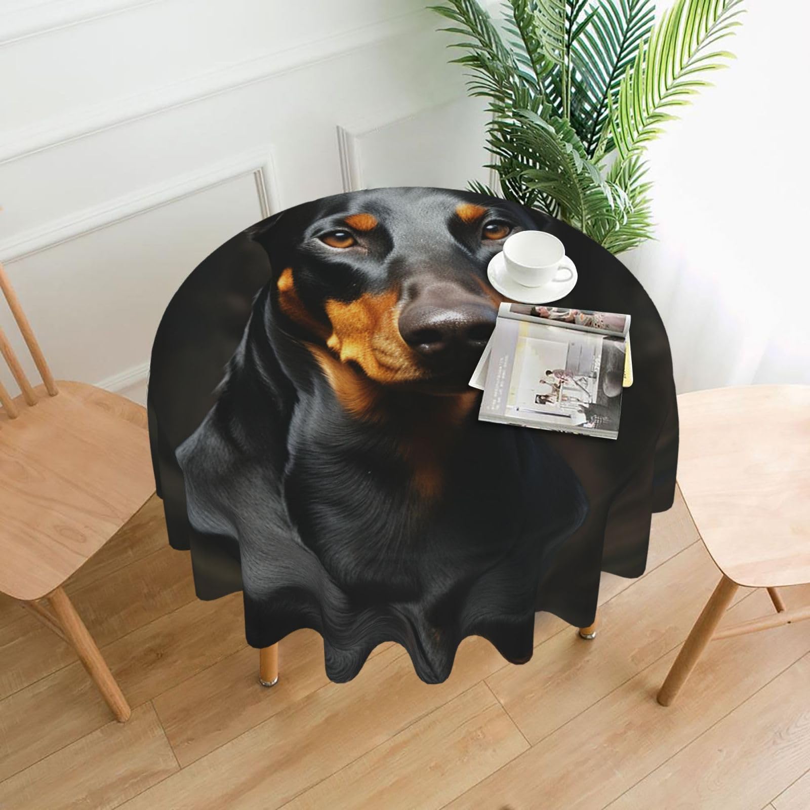 FodPand Doberman Tablecloths for Round Tables 60 Inch - Reusable Washable Dining Table Clothes - Stain and Wrinkle Resistant Decorative Fabric Table Cover for Wedding Party