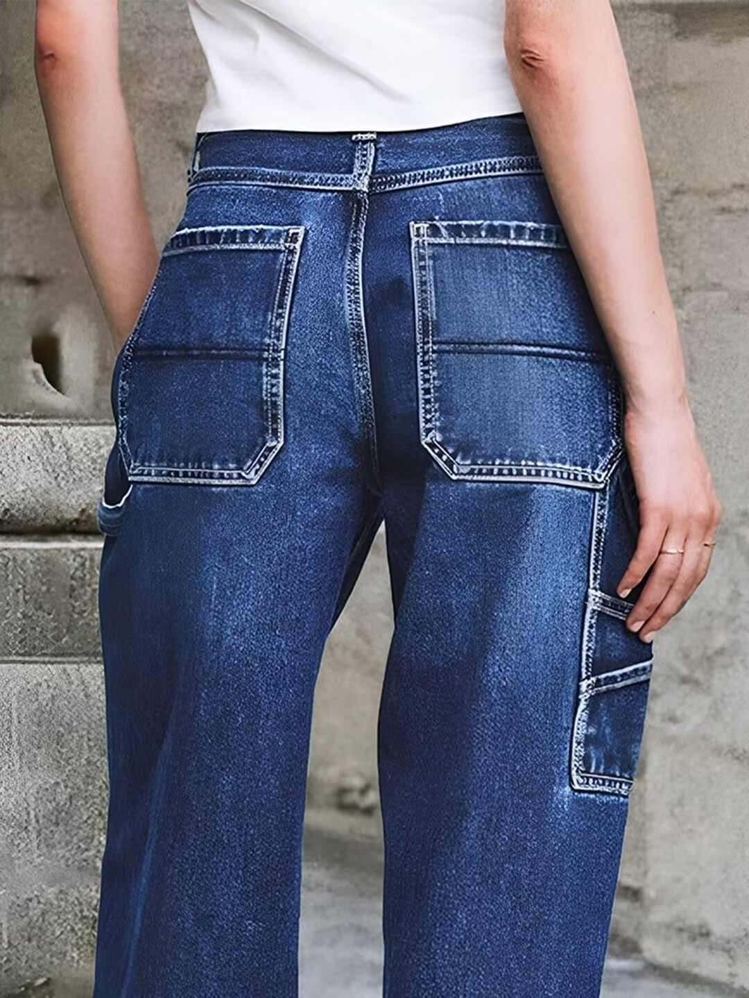 Flamingals Wide Leg Jeans for Women Mid Waist Baggy Stitch Decor Denim Washed Pants Without Belt