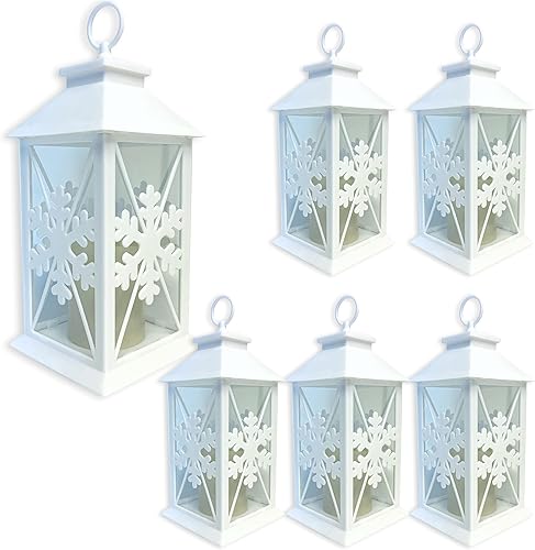 Faroles de copo de nieve Juego de 6 linternas blancas con un diseño de copos de nieve recortados Vela LED con temporizador de 5 horas incluido Faroles de copo de nieve Juego de 6 linternas blancas con un diseño de copos de nieve recortados Vela LED con temporizador de 5 horas incluido