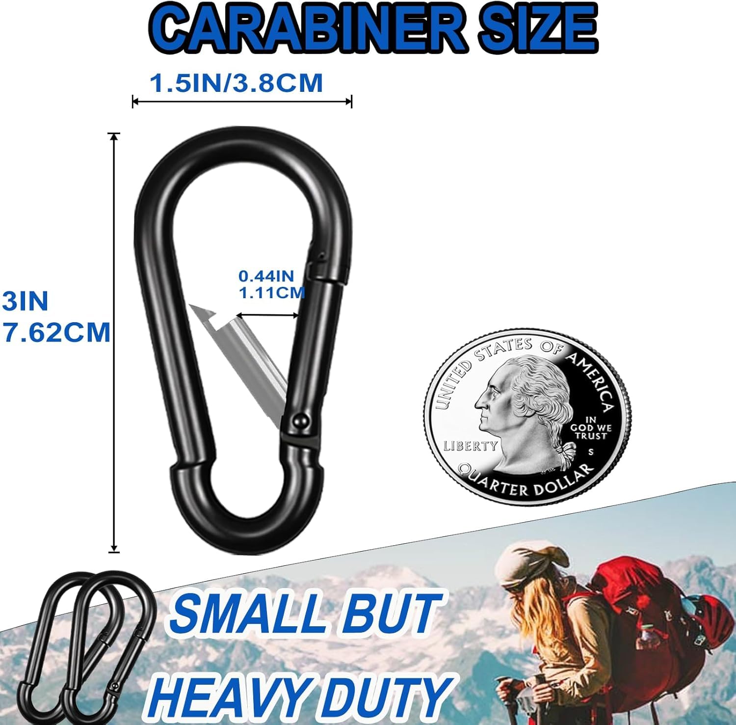 Mosquetón negro, gancho a presión en pulgadas, clips pequeños, mosquetón de resorte para pesca, camping, hamaca, correas de perro, capacidad de sujeción de 220 libras