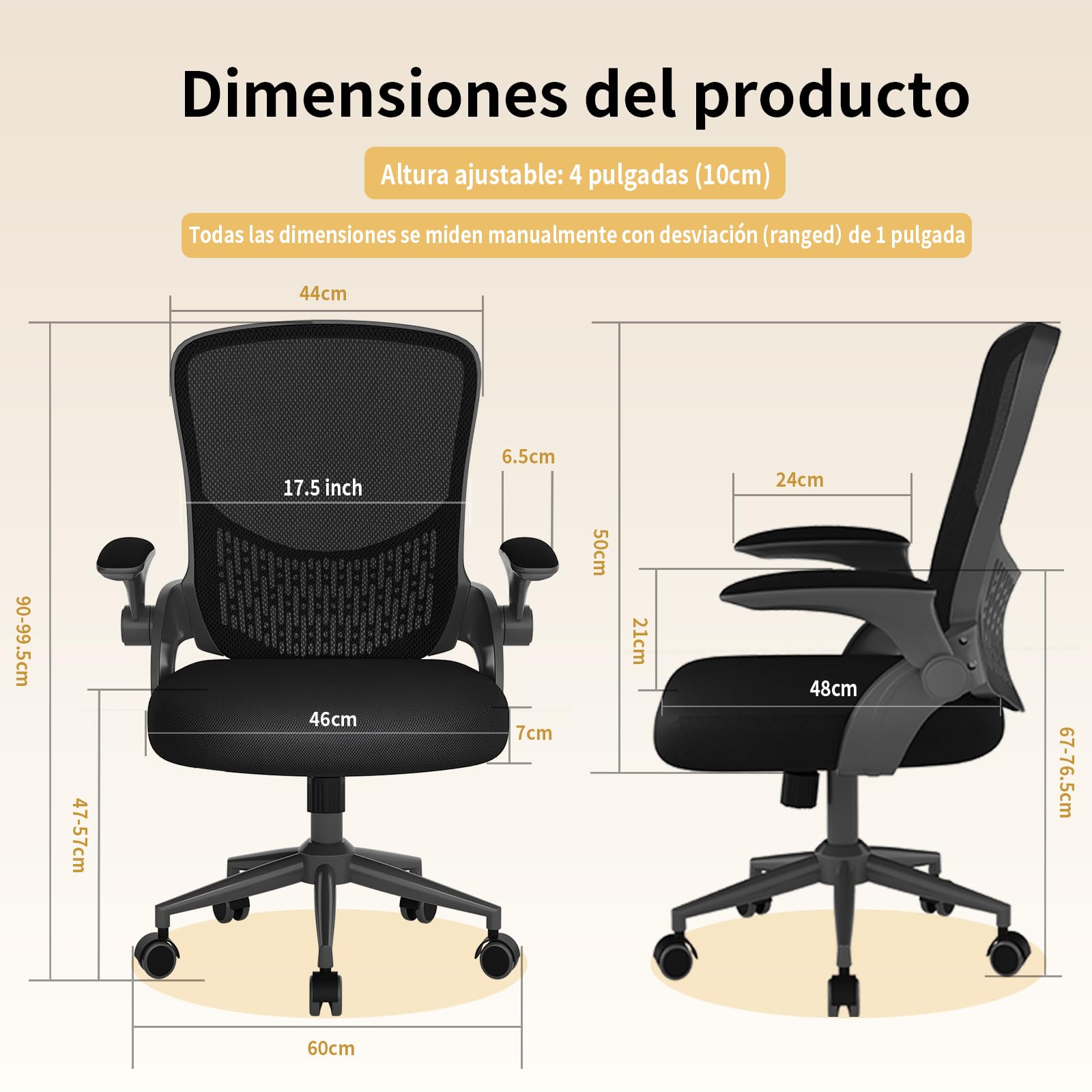 naspaluro Silla de Oficina Ergonómica con Brazos Abatibles 90°, Soporte Lumbar de Diseño Exclusivo, Tapicería de Malla Transpirable, Silla de Escritorio Giratoria 360°, Negro