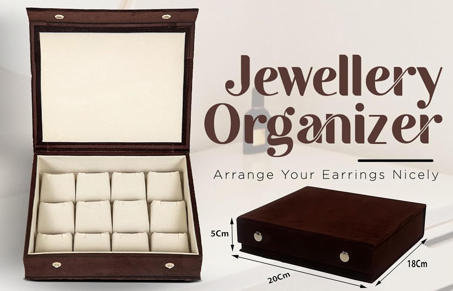 atorakushon Velvet Earrings Jewelry Box Women 12 Slots Jhumka Jewelry Organizer, Rings Earrings Holder Organizer Display Storage Case, for Woman and Girls (Brown)