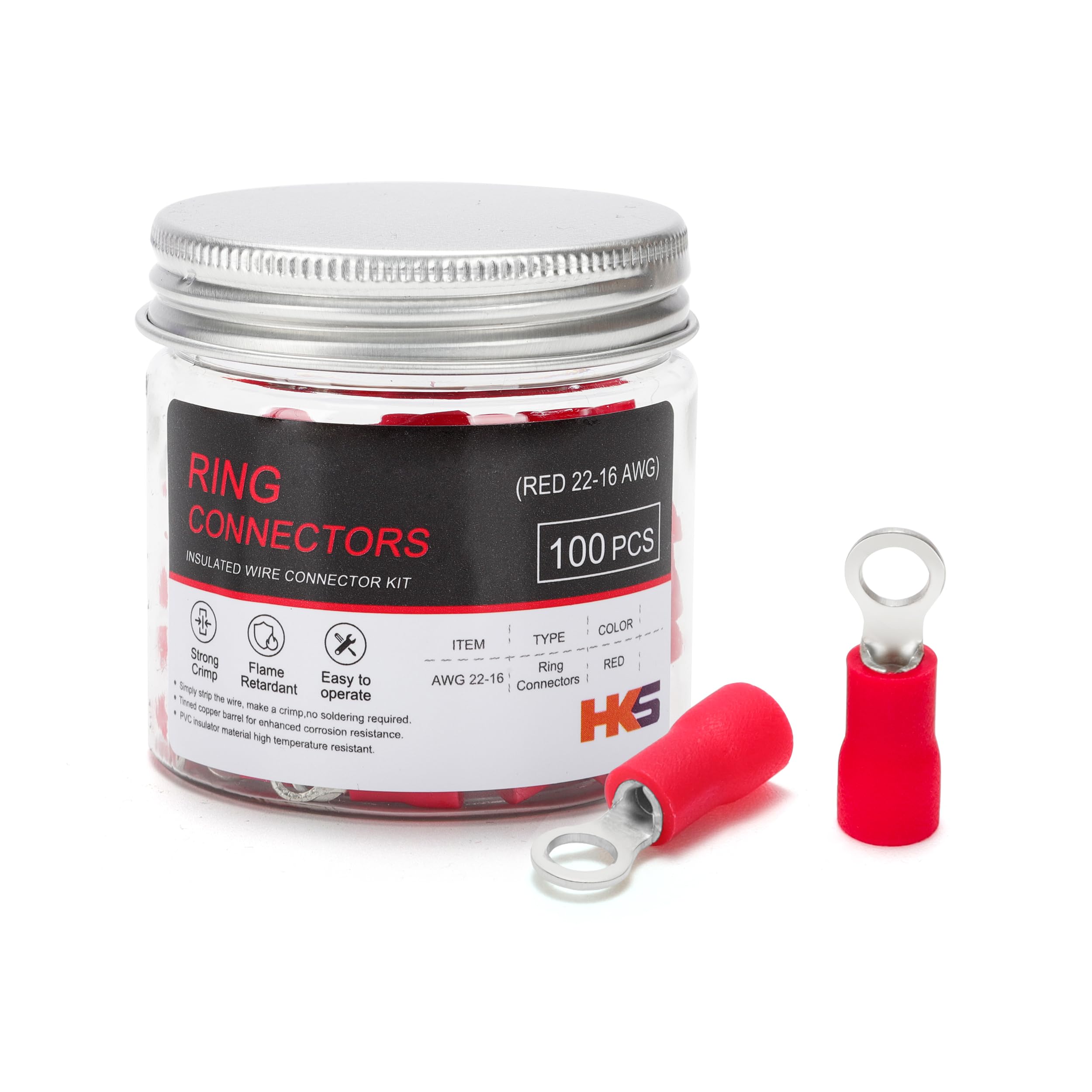 HKS 100PCS Insulated Ring Terminal #6 Red 22-16 AWG - M3.5 - Tinned Red Copper - Electrical Wire Connector Kit Crimp PVC