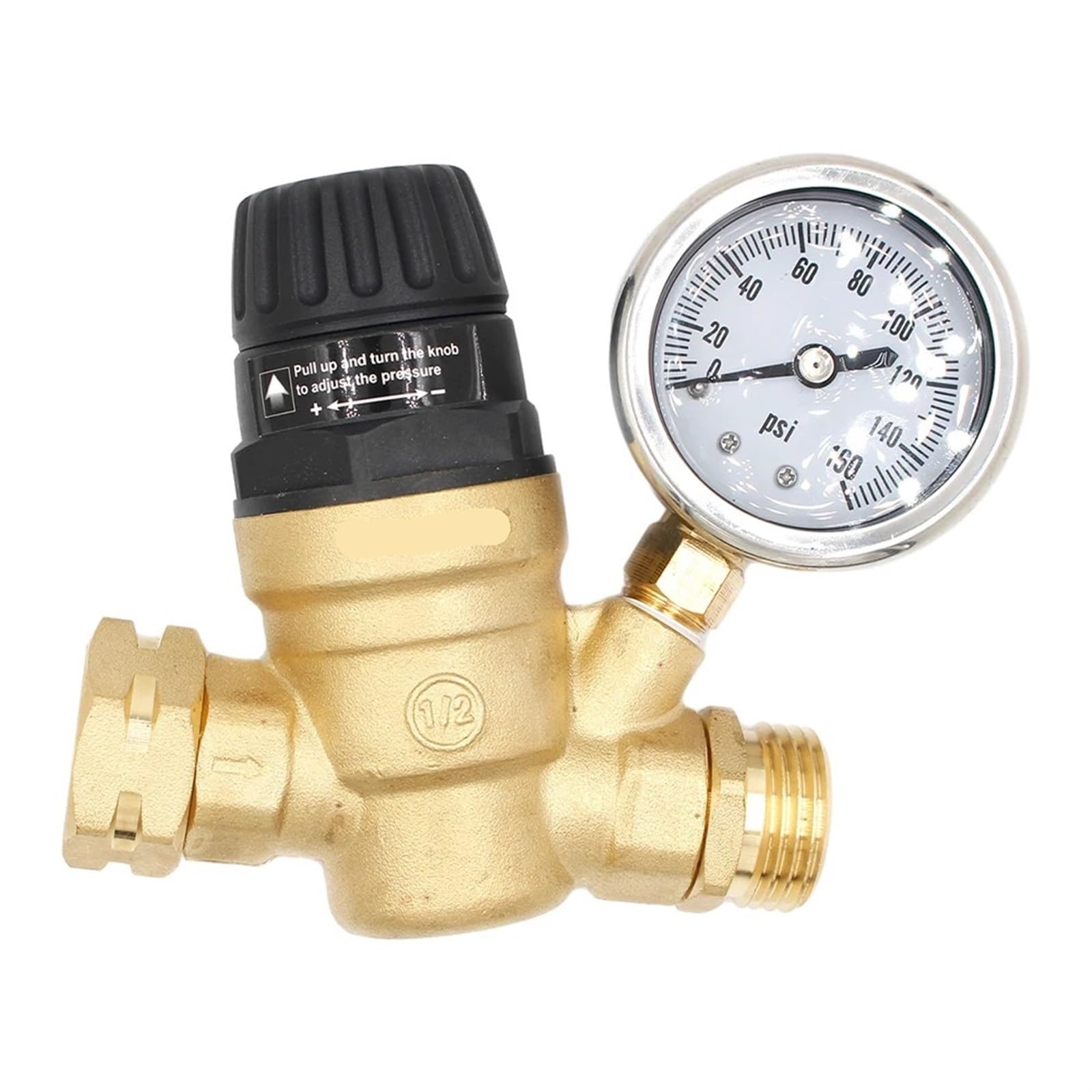 Regulator ciśnienia Zawór redukcyjny, Regulator ciśnienia mosiężny 3/4 cala z manometrem i 2 filtrami do kamperów, węży ogrodowych i przyczep