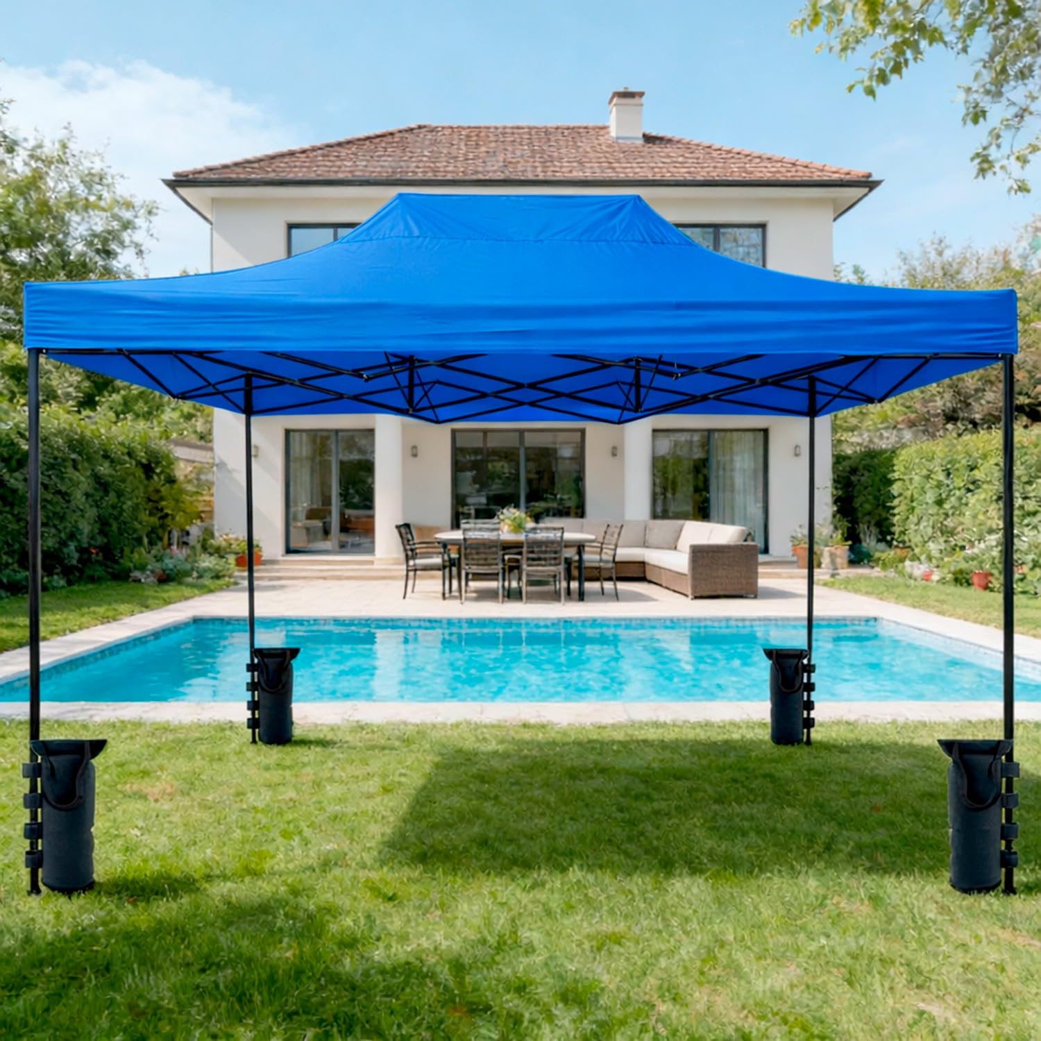 Gazebo Professionale 3x4.5 M Richiudibile Automatico In Acciaio Con Telo Oxford 1200D PVC Impermeabile e Anti UV Struttura a Fisarmonica con Sacche Zavorra e Borsa Trasporto Sagre Feste (Blu)