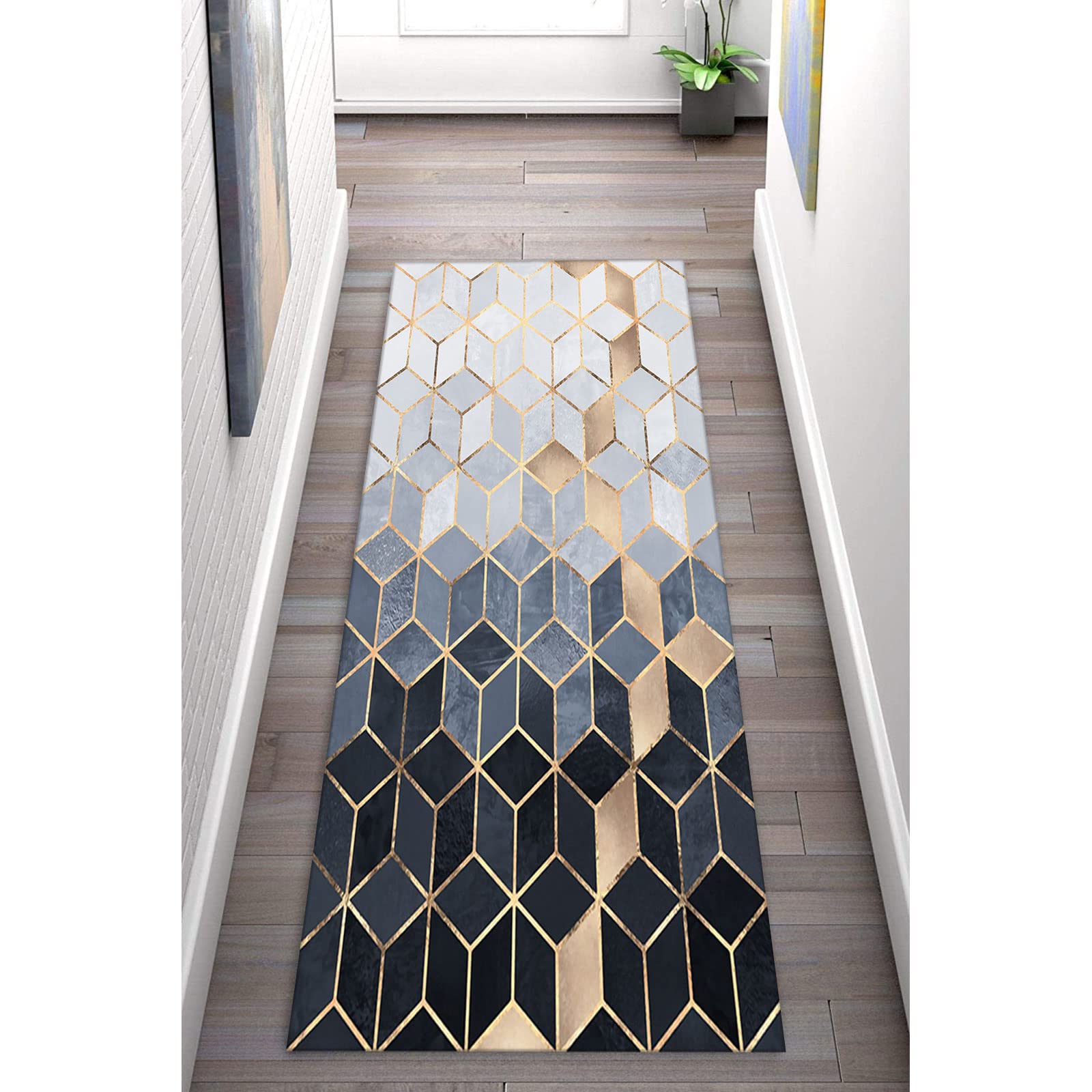 Rutschfester Teppichläufer für Flur und Küche, modernes geometrisches Design, langlebiges Material, geeignet für Wohnzimmer