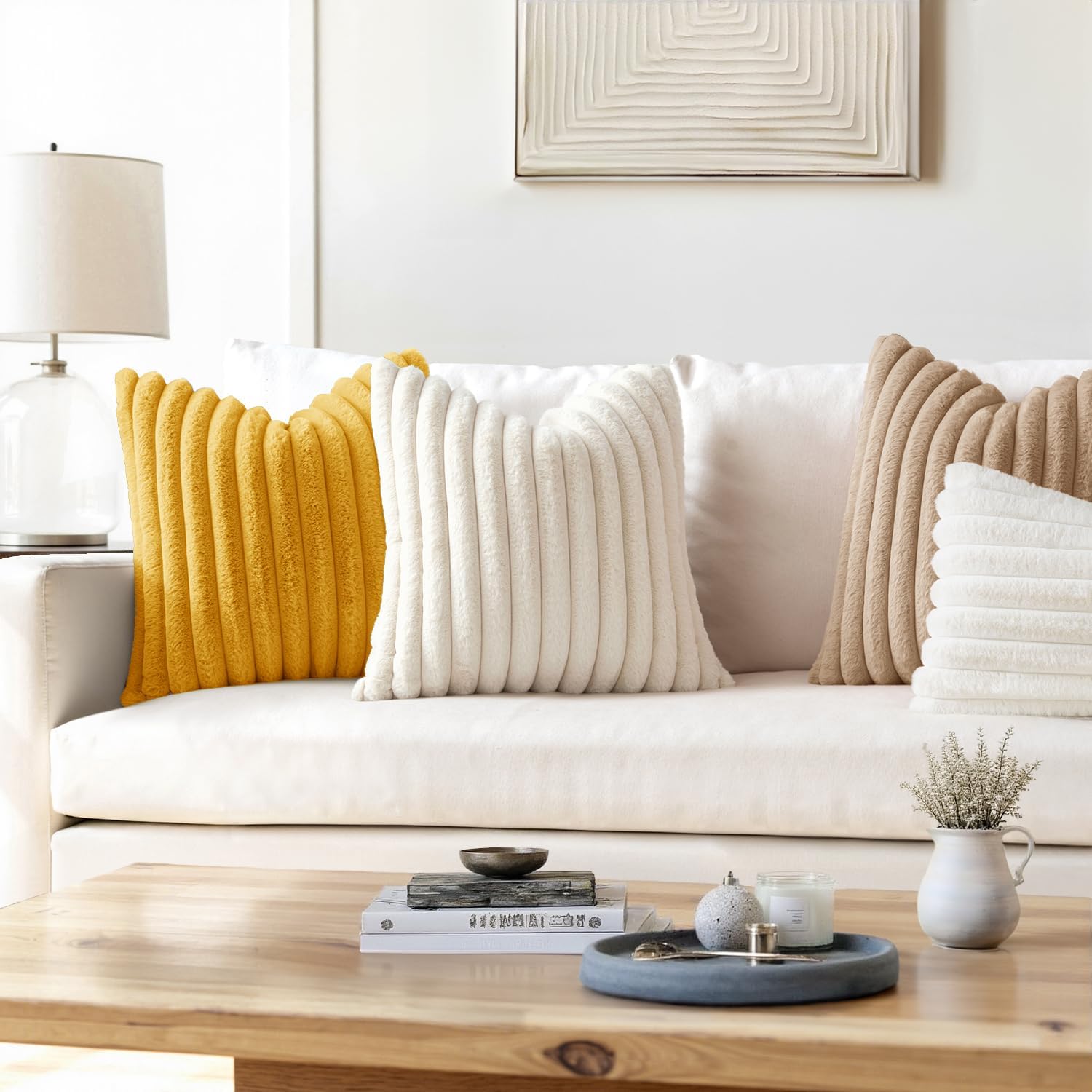 MIULEE Faux Fur Decorative Throw Pillow Covers 18x18 Inch Set of 2, Modern Spring Home Decor Soft Plush Couch Pillows Cozy Fluffy Cushion Covers for Sofa Bed Beige