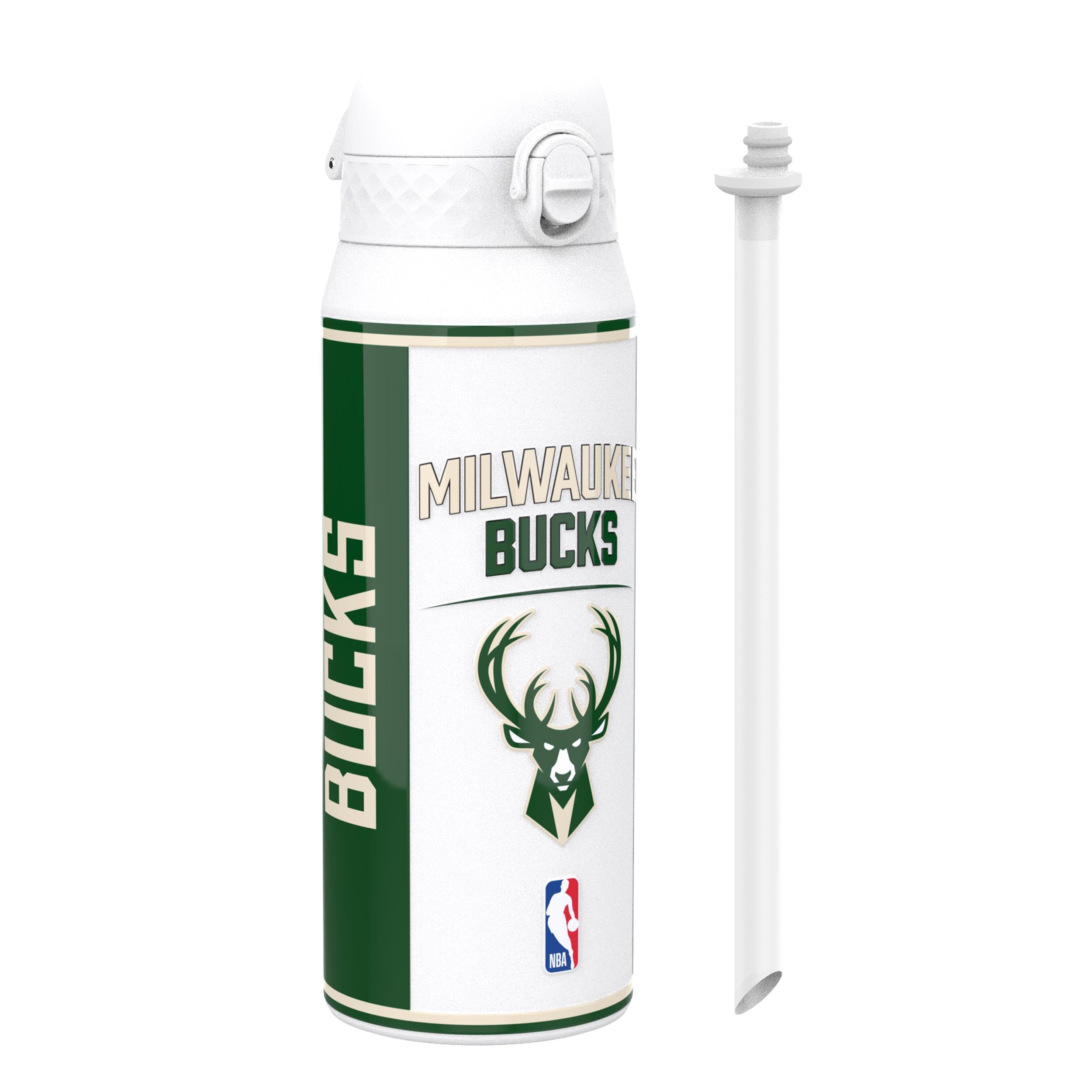 Ion8 NBA Milwaukee Bucks Sports Thermal Water Bottle with Removable Straw, 750ml/24oz, Leak-proof Insulated Drinking Bottle, Easy to Open, Secure Lock, Dishwasher Safe, Flip Cover, Metal Bottle