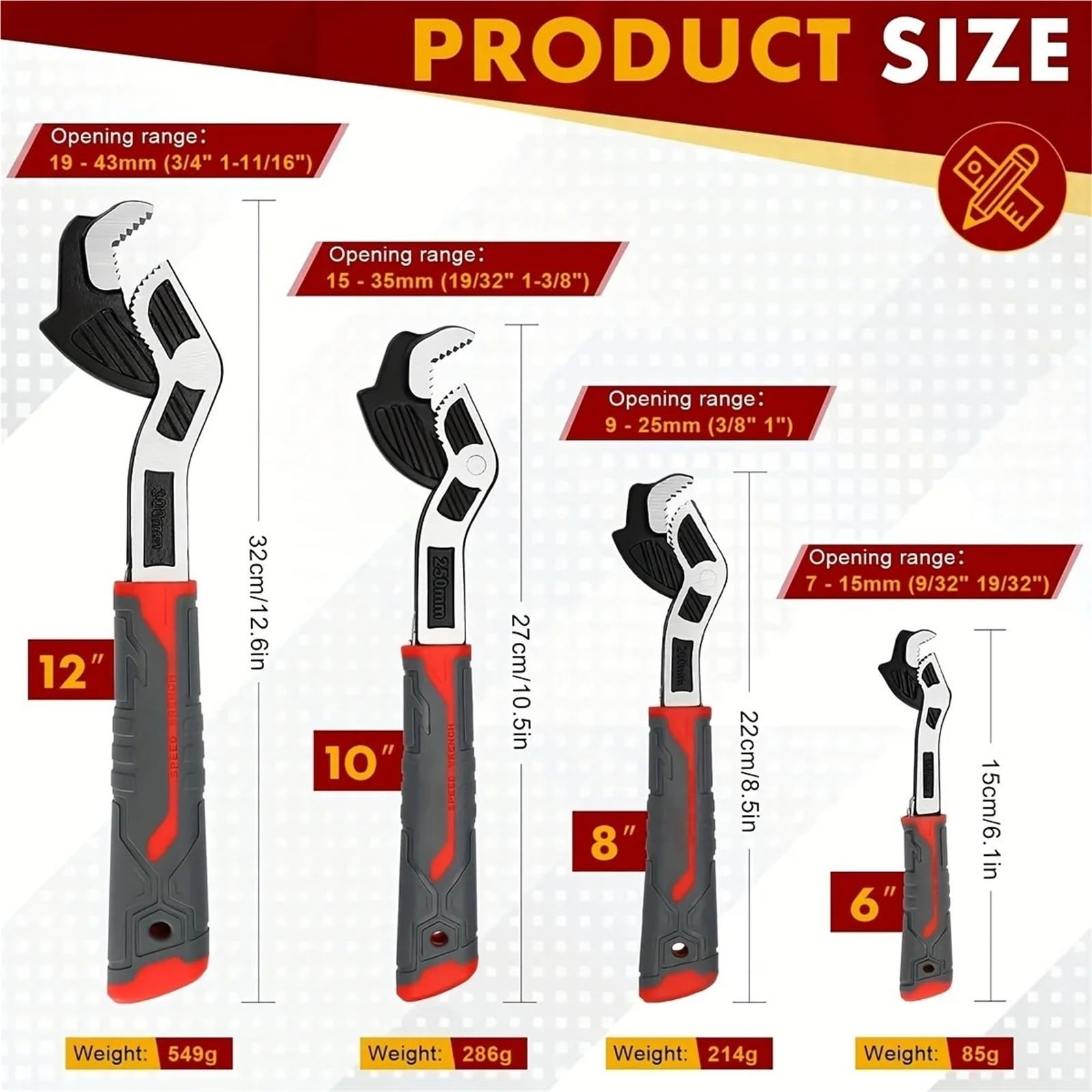 Llave Ajustable Llave autoblocante multifuncional de 6/8/10/12 pulgadas, fontanero Universal ajustable rápido(Gray - 12 Inch)