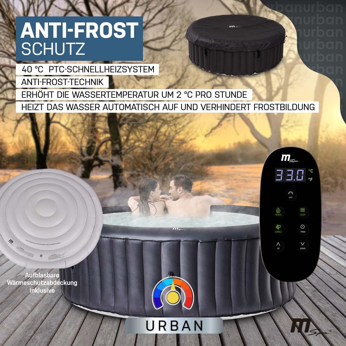 MSpa hot tub with anti-frost protection in a winter setting