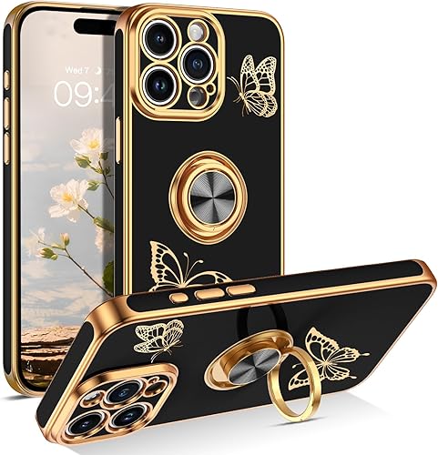 GaoBao Funda para iPhone 15 Pro, iPhone 15 Pro con bonito diseño de mariposa, soporte de anillo de protección galvanizada, funda de teléfono suave