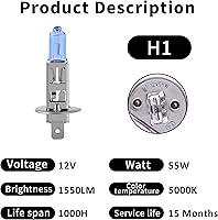 Vista 3 de Bombilla halógena H1 para faros delanteros, 5000 K, luz súper blanca, reemplazo de larga vida útil P14.5S 12V/55W (H1, 2 unidades)