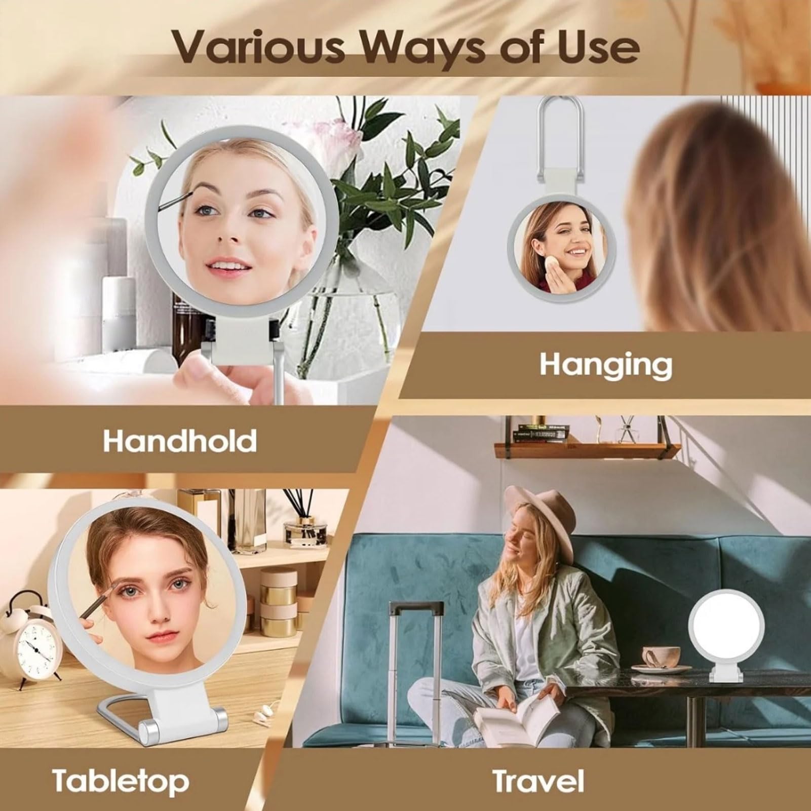 Espejo de Maquillaje con Aumento de 10x de Doble Cara con Luces LED, Control Táctil 3 Temperaturas de Color, Espejo de Tocador Inalámbrico Recargable para Montar en la Pared