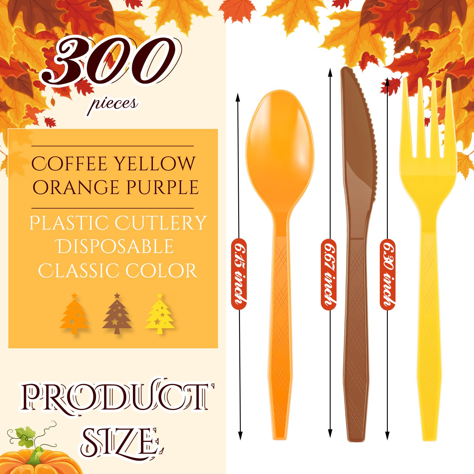 Hoolerry 300 Pcs Thanksgiving Plastic Cutlery Set Thanksgiving Forks Spoons Knives Utensils Colored Disposable Tableware for Thanksgiving Fall Party Supplies, Coffee Orange and Yellow