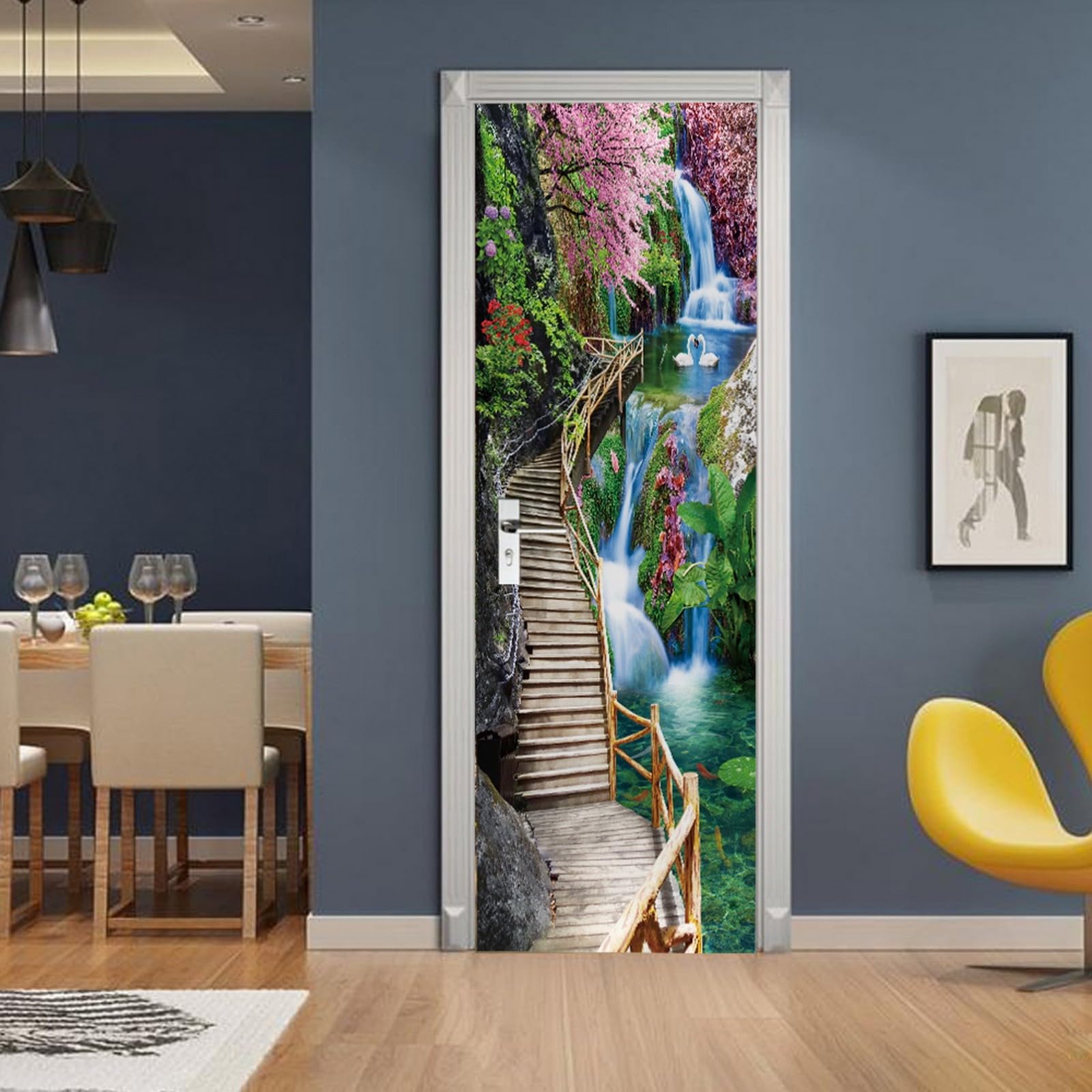 A.Monamour Adesivo Porta Autoadesiva 3D Passerella In Legno Fino Alla Cima Del Paesaggio Del Giardino A Cascata Vinile PVC Adesivi per Porte Interne Pellicola Adesiva Poster Murale Parete 90x200cm