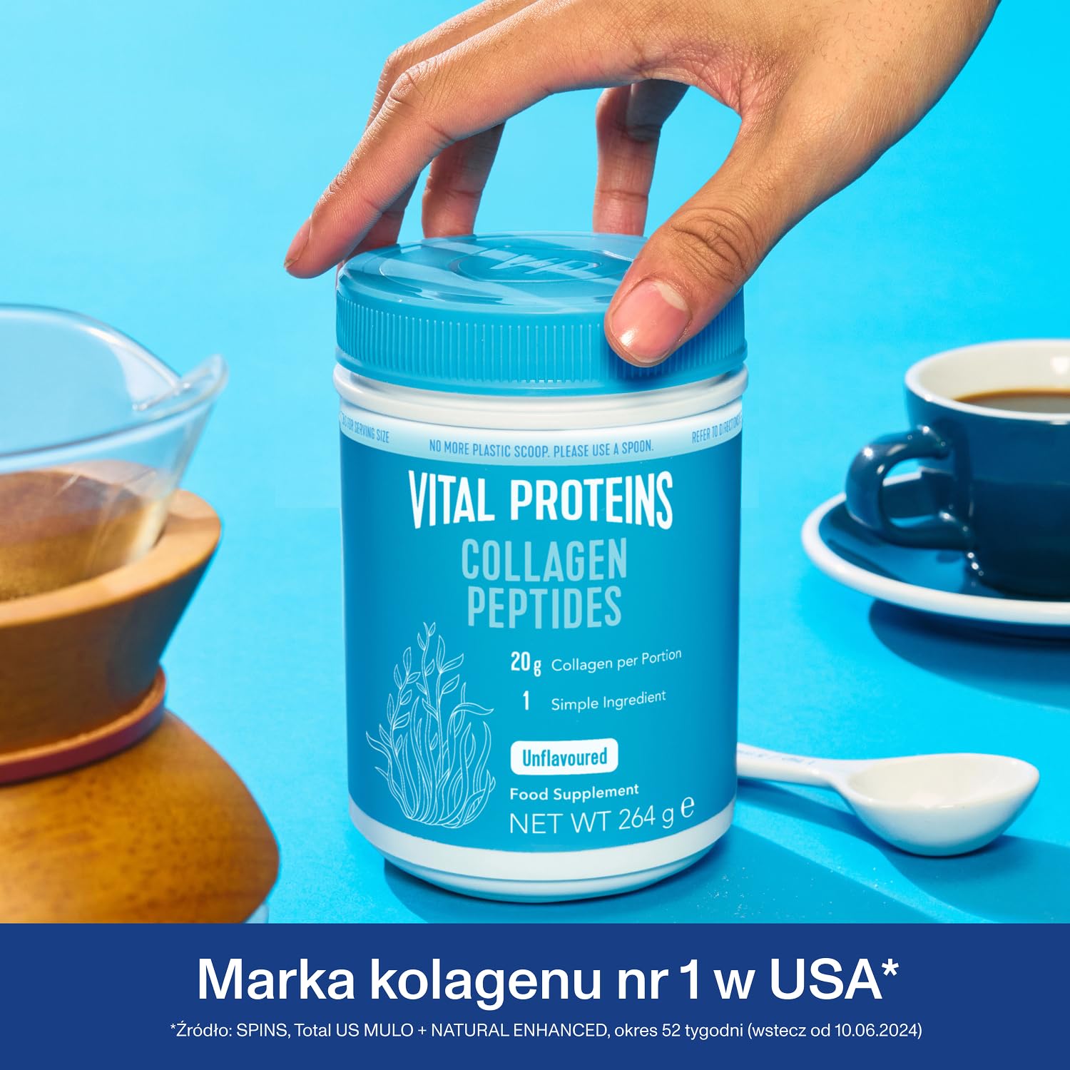 Suplement diety Vital Proteins Collagen Peptides w formie proszku, hydrolizowany kolagen o neutralnym smaku - wspiera skórę, włosy i paznokcie, bezglutenowy, 20g w porcji,1 opakowanie 264g