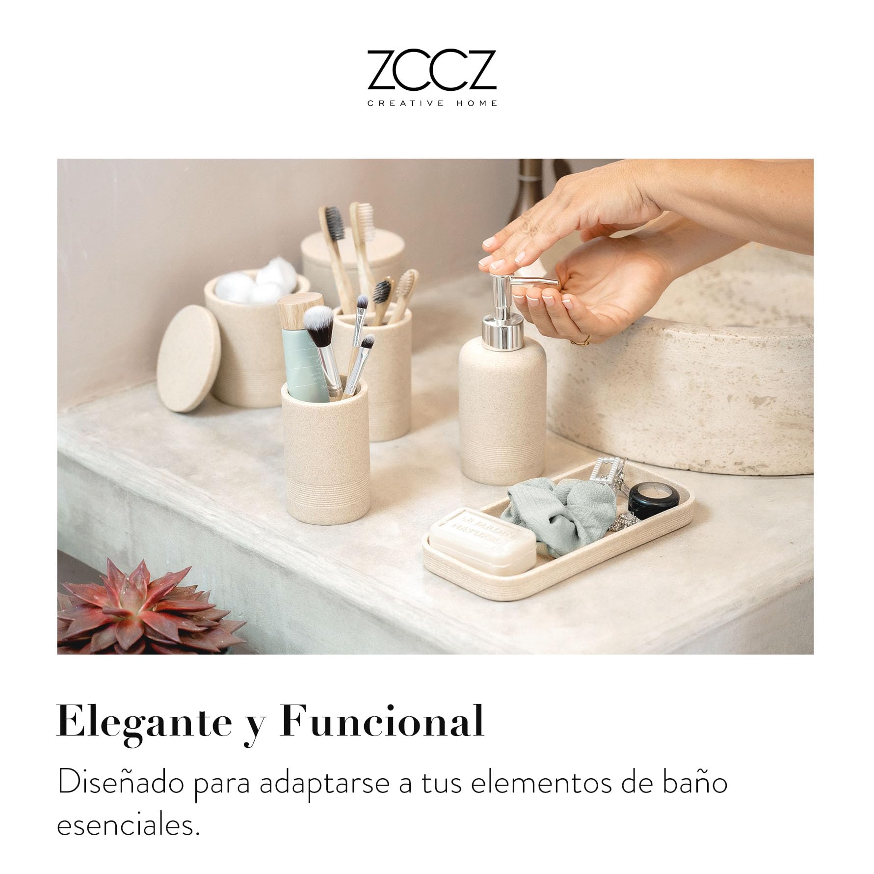 Juego de 6 Accesorios de baño Beige con Dispensador de jabón y Organizador Decorativo para encimera