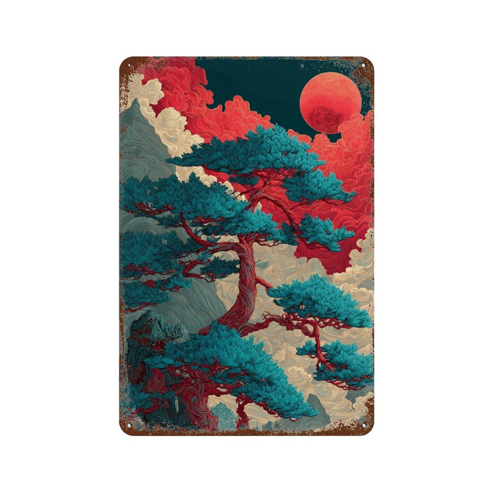 Red Moon Rising Mystical Landscape Rust Effect Tin Sign 11.8"x7.9", Vintage Wall Decor for Bistro, Counter And Cafe Decor