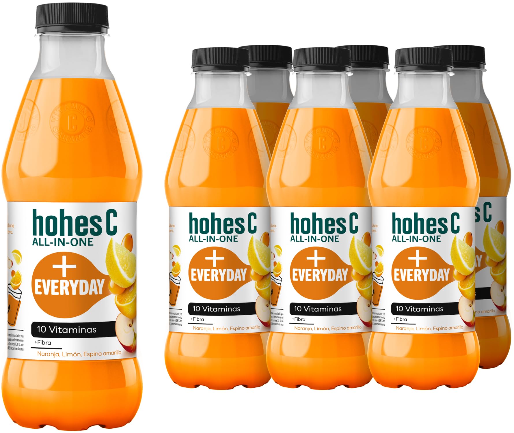 hohes C All in One Everyday Multifrutas de Naranja, Limón, Espino Amarillo con 10 vitaminas, Hierro y Fibra- Pack 6 x 1L