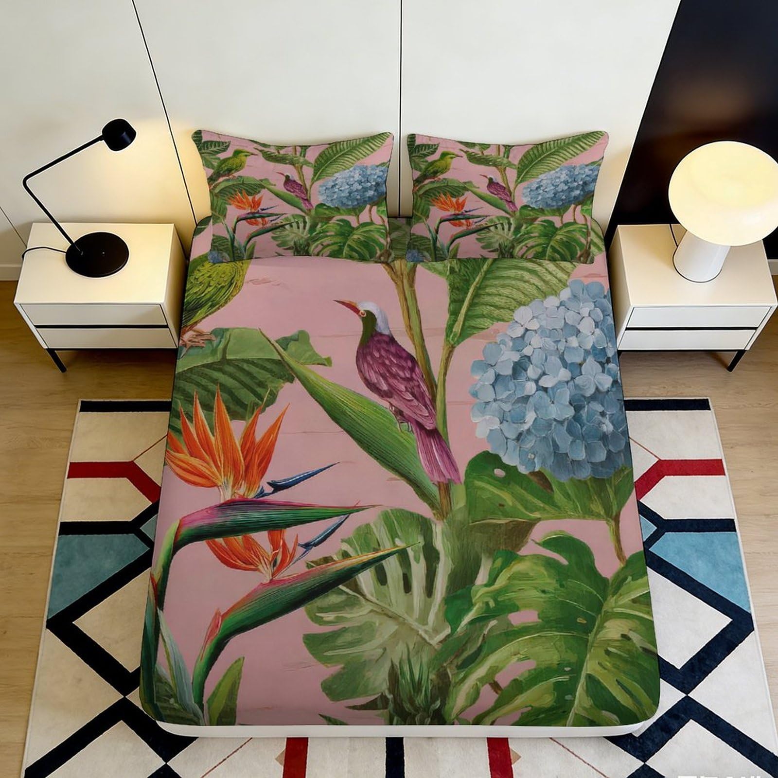 3D Printed Tropical Bird Fitted Sheet Microfiber Soft Botanical Leaves Bed Cover for Bedroom Guest Room Decor 90x200x25cm