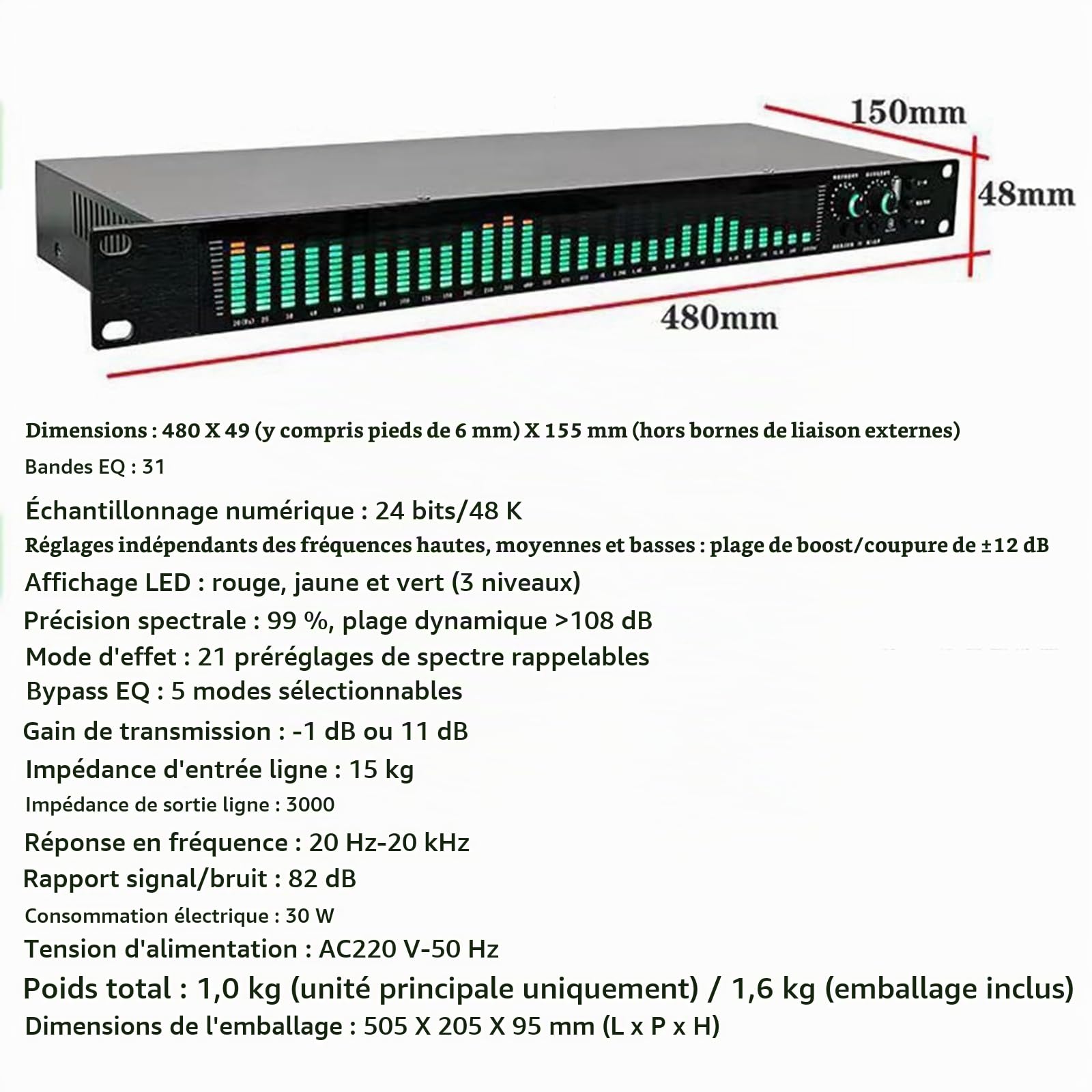 Égaliseur Numérique 31 Bandes, Égaliseur Audio Graphique Stéréo, avec 21 Effets Préréglés, Réglage des Graves/médiums/aigus, Réduction Automatique du Bruit, Montage en Rack 1U