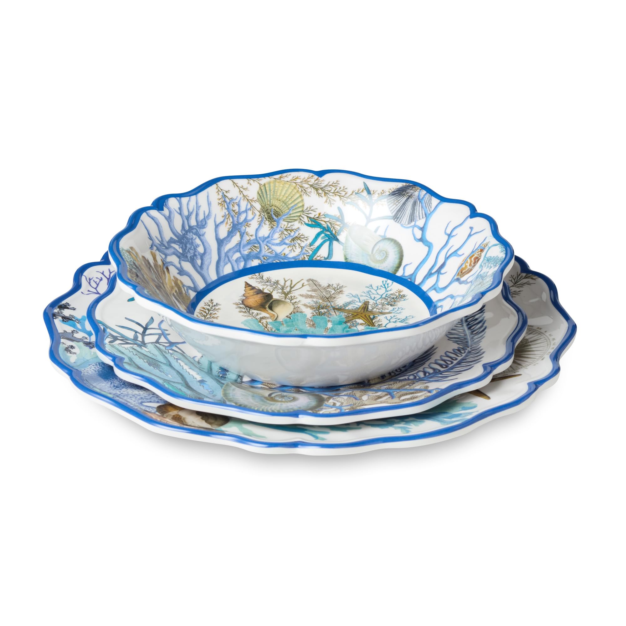 Blue Lagoon Melamin-Geschirr-Set, 12-teilig, Küsten-Korallen- und Muschel-Design, Service für 10,2–27,9 cm Speiseteller, 22,9 cm Salatteller und 800 ml Schüsseln – langlebig, leicht, BPA-frei