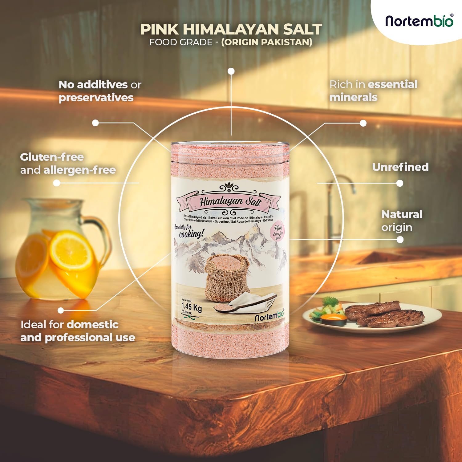 Nortembio Sal Rosa del Himalaya 6,4 kg Extra Fina (0,5–1 mm) Origen Pakistán Sal Mineral Natural sin Refinar para Uso Culinario. Gratis eBook con Recetas!