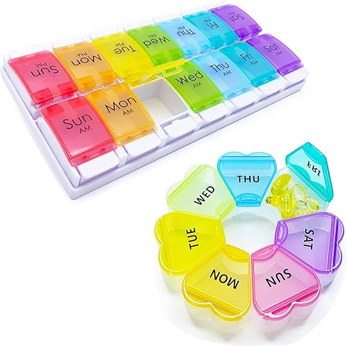 MOLN HYMY - Pastilleros y organizador 2 veces al día y organizador de píldoras semanales florales, círculo de 7 días