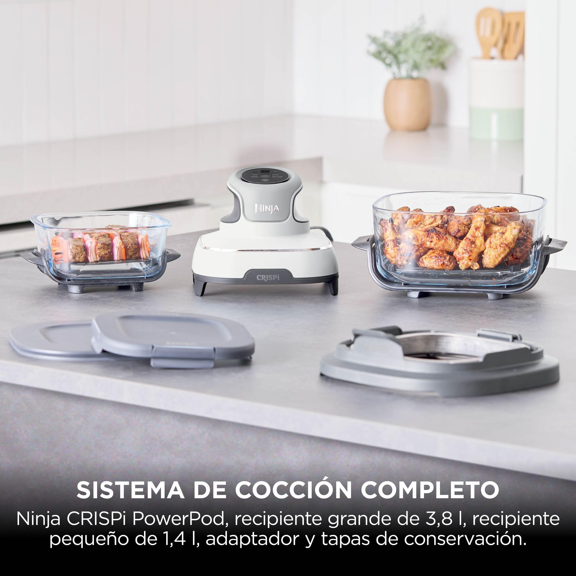 Ninja CRiSpi, Freidora de Aire Portátil, 3,8L y 1,4L, Blanco, FN102EU | 4 en 1: Freír con Aire, Asar, Mantener la Temperatura, Dorar, Compacta, 2 Recipientes de Cristal Extraíbles y Tapas, 1700W