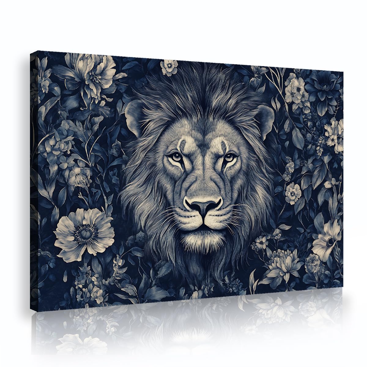 Gran arte mural León en lienzo Decoración animal botánica salón 65x100cm