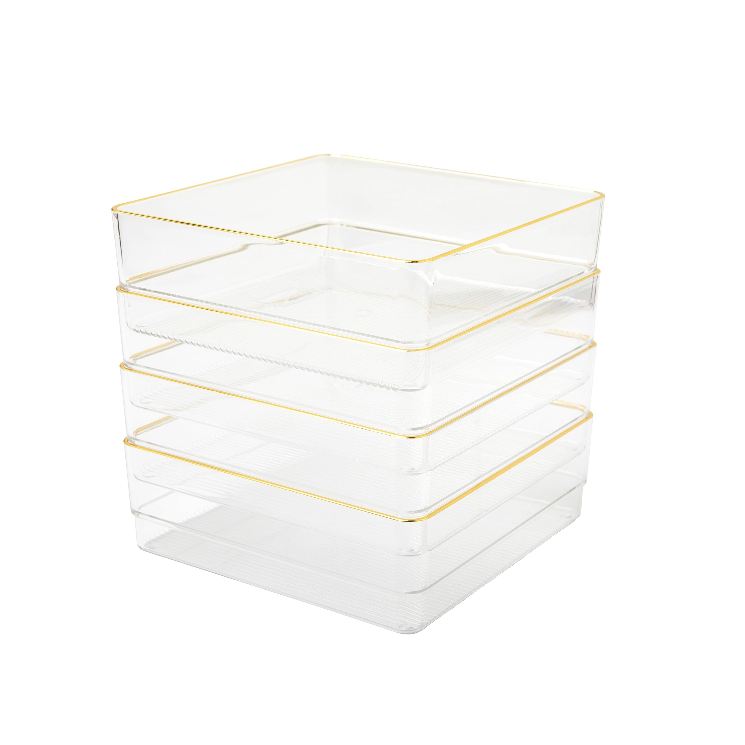 Martha Stewart Kerry Plastic Stackable Office Desk Drawer Organizers, 6" x 6", 4 Pack, with Gold Trim