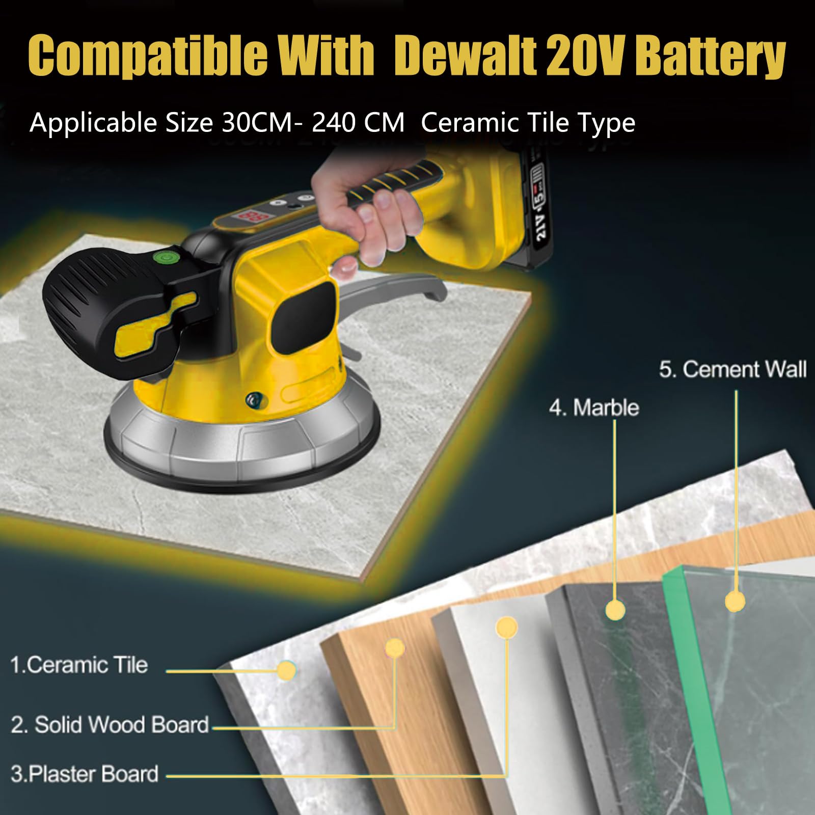 Herramienta inalámbrica de vibración de azulejos, azulejo compatible con batería Dewalt de 20 V, máquina de azulejos con 10 engranajes ajustables, absorción de 850 kg, motor de 23000 rpm, ventosa de