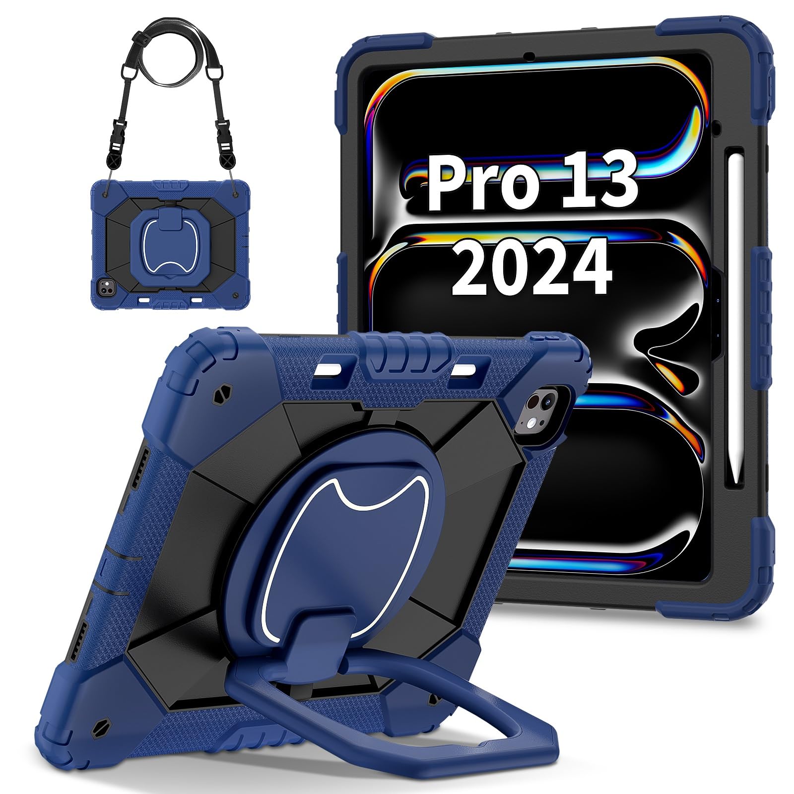 Custodia per tablet PC compatibile con iPad Pro 13" (M4) 2024 con portamatite, robusta copertura antiurto, custodia protettiva W 360 cavalletto girevole + cinghia da polso + protezione per tracolla