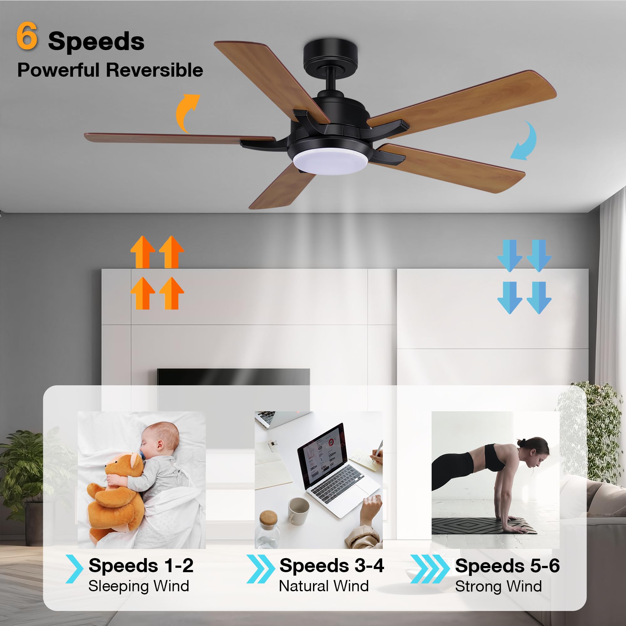 Hoenofly 52?Ç¥ Smart Ceiling Fans with Lights and Remote,Quiet DC Motor,Outdoor Indoor Wood& Black Ceiling Fan,Voice Control via WIFI Alexa App,Modern Dimmable LED Ceiling Fan for Bedroom Patio Porch